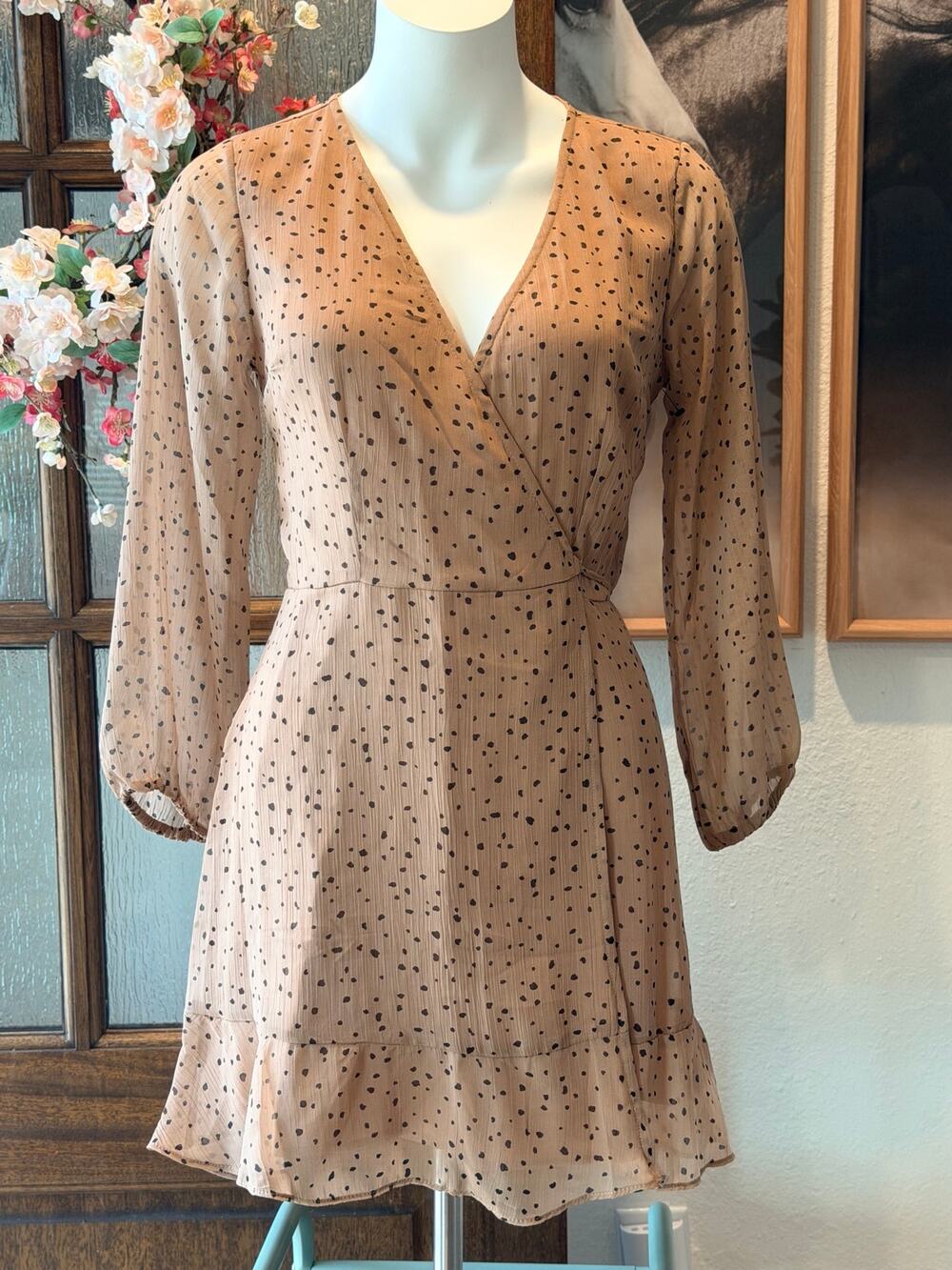 Abercrombie & Fitch brown polka dot long sleeved dressy mini dress XS. NWT